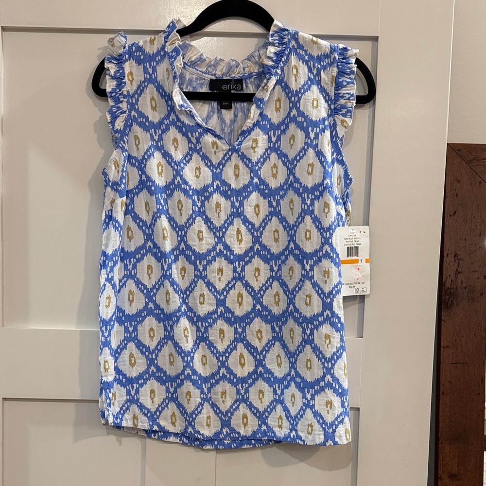 NWT Erika Blue and White Patterned Women's Top with Ruffle Trim